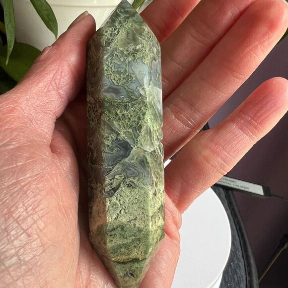 Moss Agate‎ Crystal Double Terminated Point (#3) - Picture 2 of 13